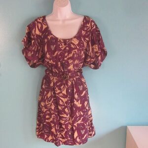 Womens Size M Purple Floral 100% Silk Summer Dress With Matching Belt 36- 32- 44